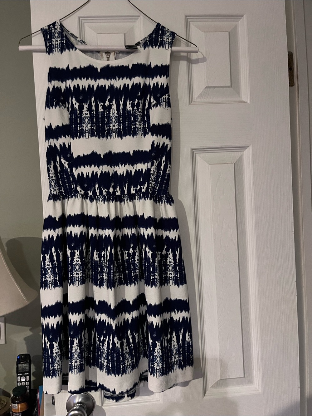 Sleeveless Navy and White Patterned Fit-and-Flare Dress XS
